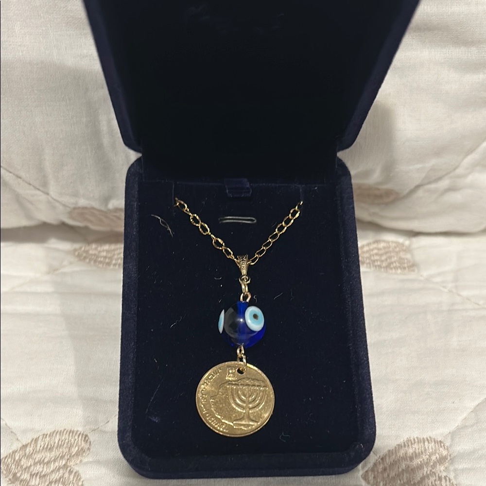 Gold and Blue Evil Eye Necklace with Coin Pendant
